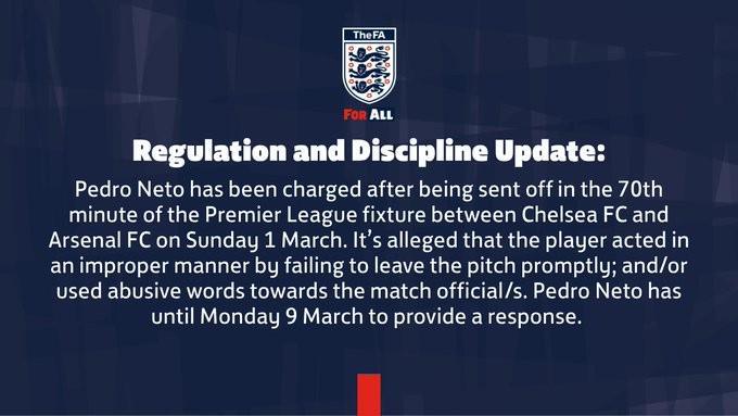 官方：佩德罗-内托因红牌后未及时离场+辱骂裁判被英足总指控
